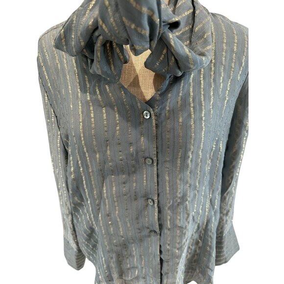 Chicos Black Label Metallic Striped Teal Button-Down Blouse With Tie Neck Size 2 - Picture 2 of 12